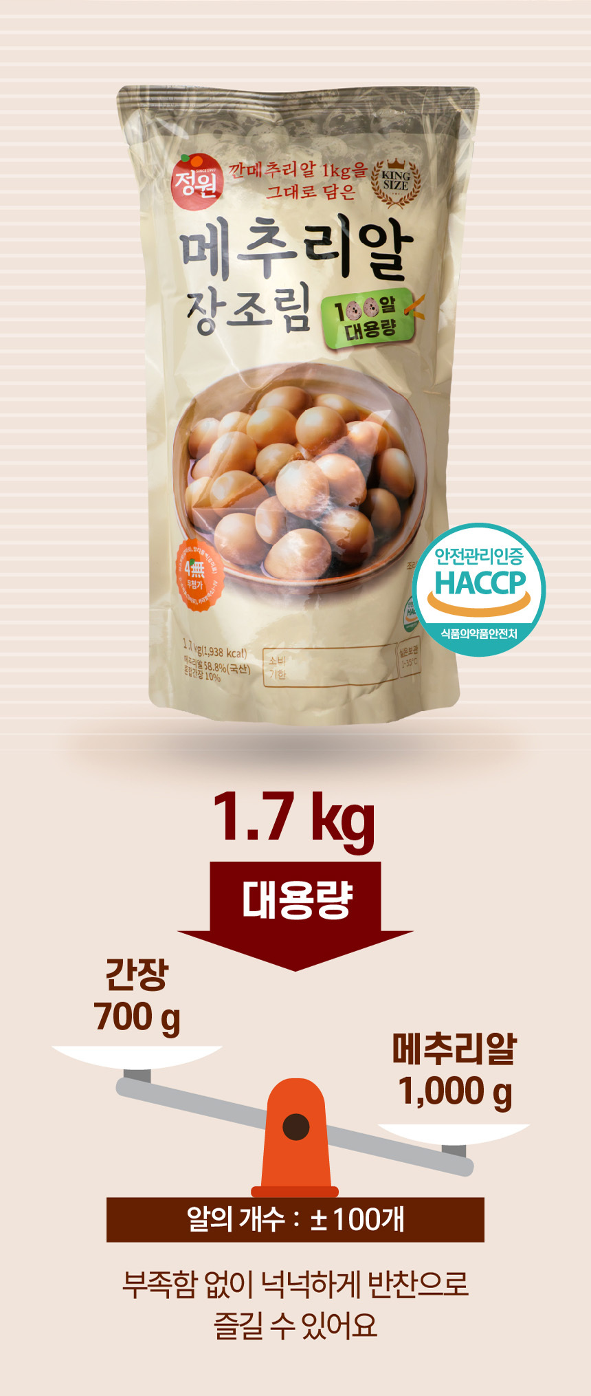 정원 대용량 메추리알 장조림 1.7kg (국내산 메추리알 100개 내외) [실온보관]